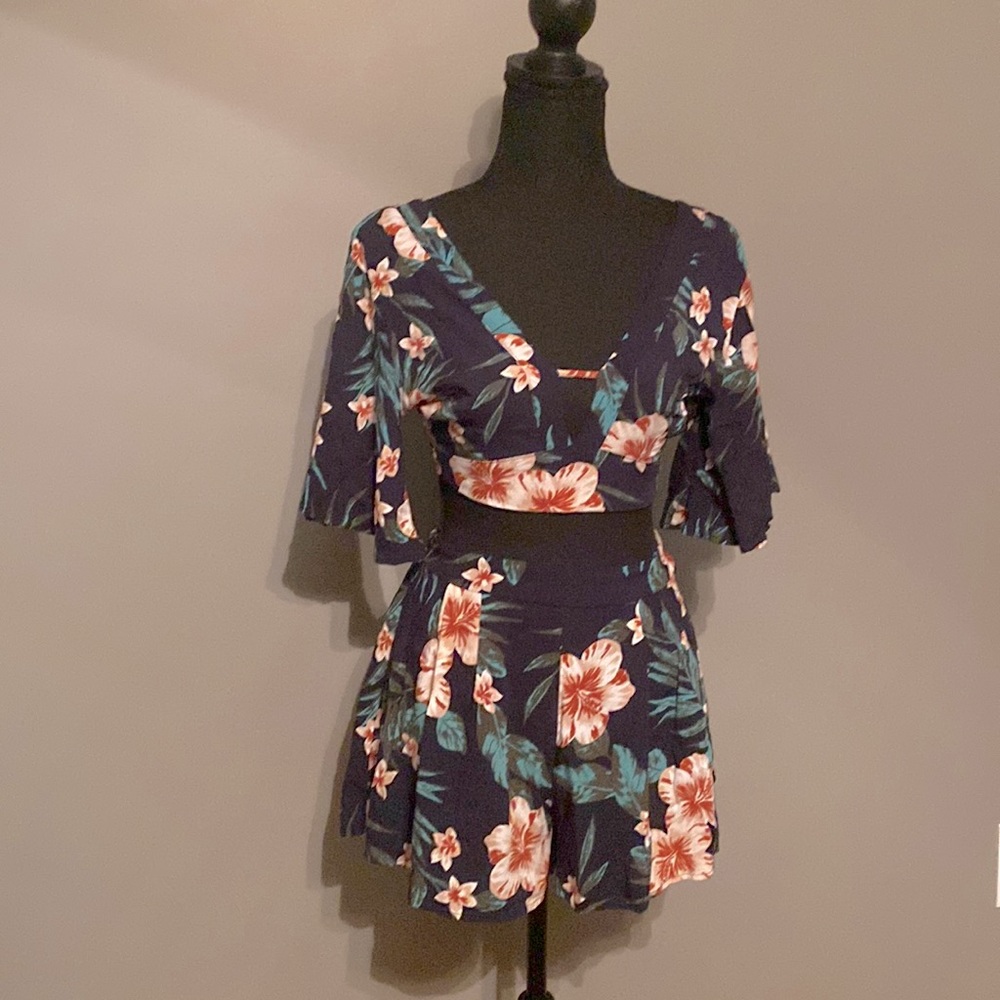 Navy blue and floral shorts and crop top set